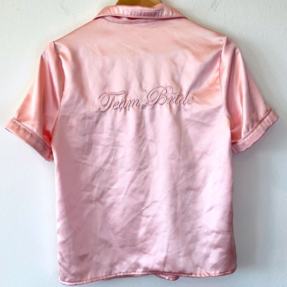 Forever 21 Team Bride Pink Satin Pajama Set XS Short Sleeve Button Up Shorts